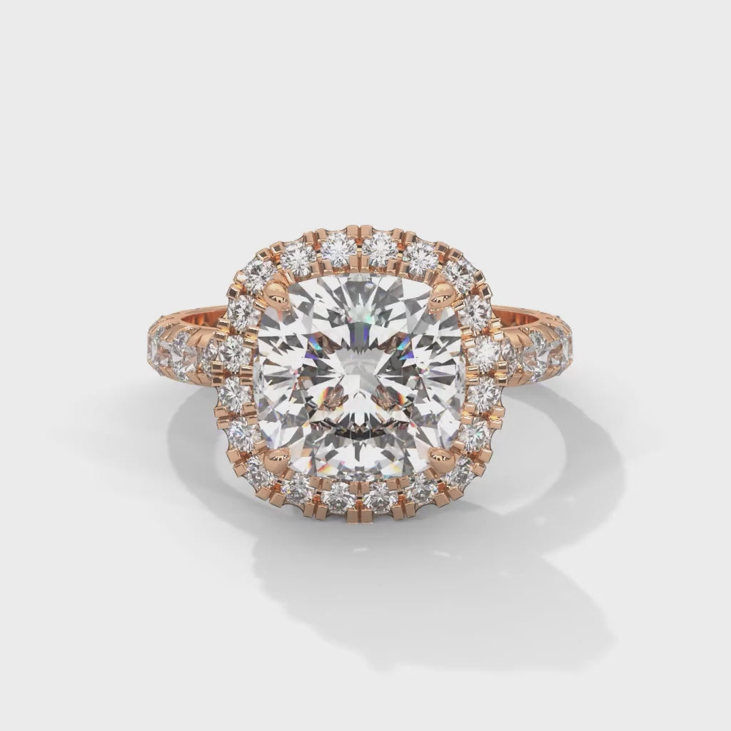 Cushion Cut Lab-Grown Diamond Halo Pavé Engagement Ring in Rose Gold