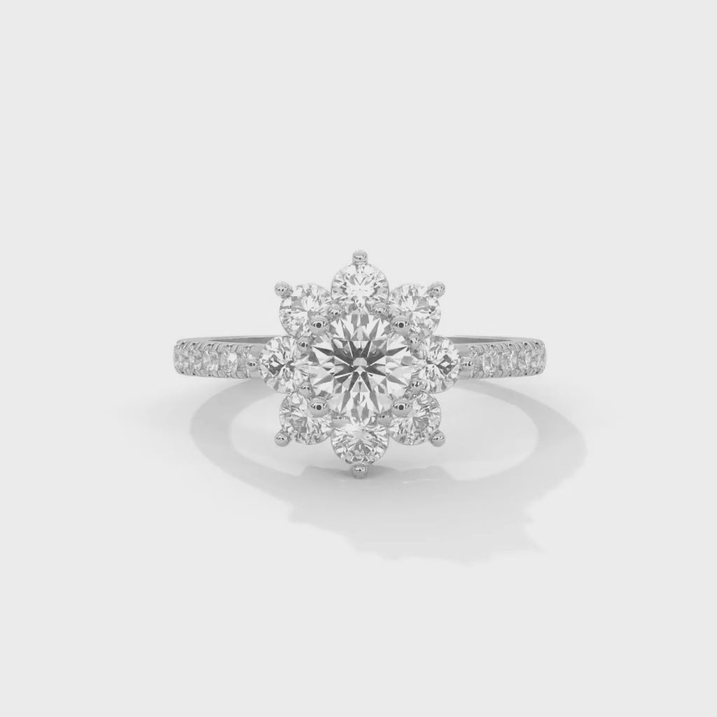 Round Brilliant Cut Lab-Grown Diamond Floral Halo Engagement Ring in White Gold