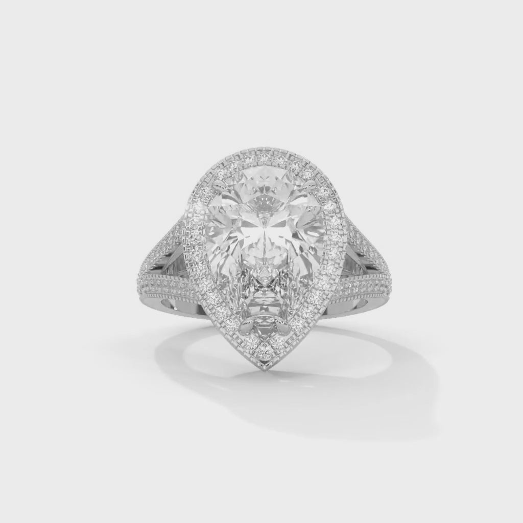 Pear-Shaped Lab-Grown Diamond Halo Split Shank Engagement Ring in White Gold
