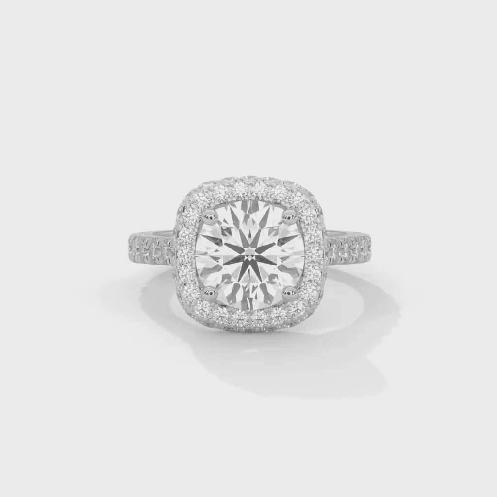 Round Brilliant Cut Lab-Grown Diamond Cushion Halo Engagement Ring in White Gold