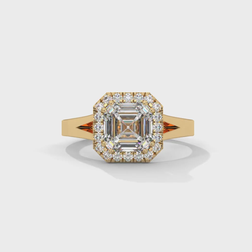 Asscher Cut Lab-Grown Diamond Halo Split Shank Engagement Ring in Yellow Gold