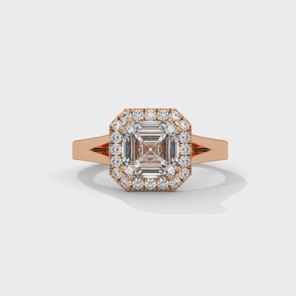 Asscher Cut Lab-Grown Diamond Halo Split Shank Engagement Ring in Rose Gold