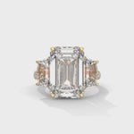 Emerald and Cadillac Cut Lab-Grown Diamond Three-Stone Pavé Engagement Ring in Yellow Gold