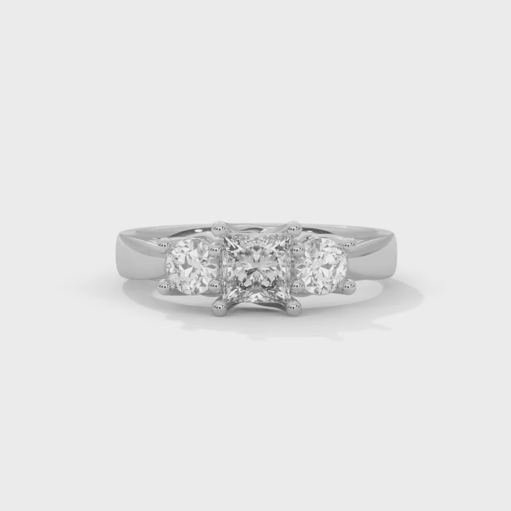 Princess and Round Brilliant Cut Lab-Grown Diamond Three-Stone Engagement Ring in White Gold