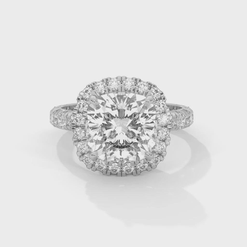 Cushion Cut Lab-Grown Diamond Halo Pavé Engagement Ring in White Gold