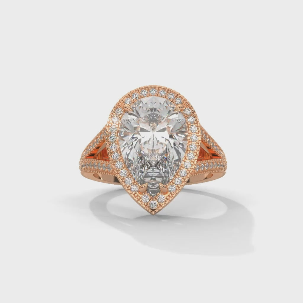 Pear-Shaped Lab-Grown Diamond Halo Split Shank Engagement Ring in Rose Gold