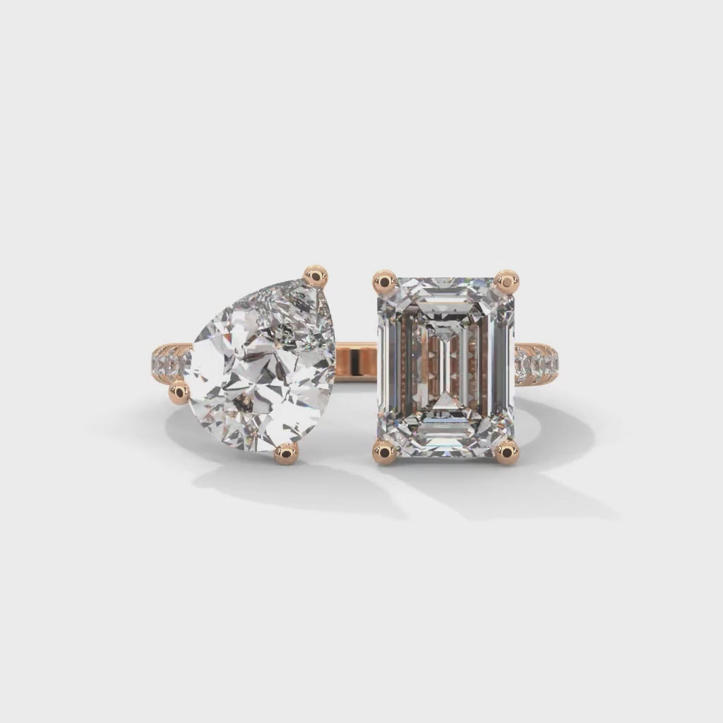 Pear and Emerald Cut Lab-Grown Diamond Toi et Moi Pavé Engagement Ring in Rose Gold