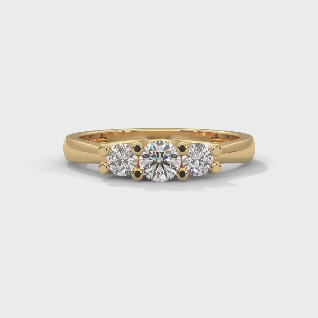 Round Brilliant Cut Lab-Grown Diamond Classic Three-Stone Engagement Ring in Yellow Gold