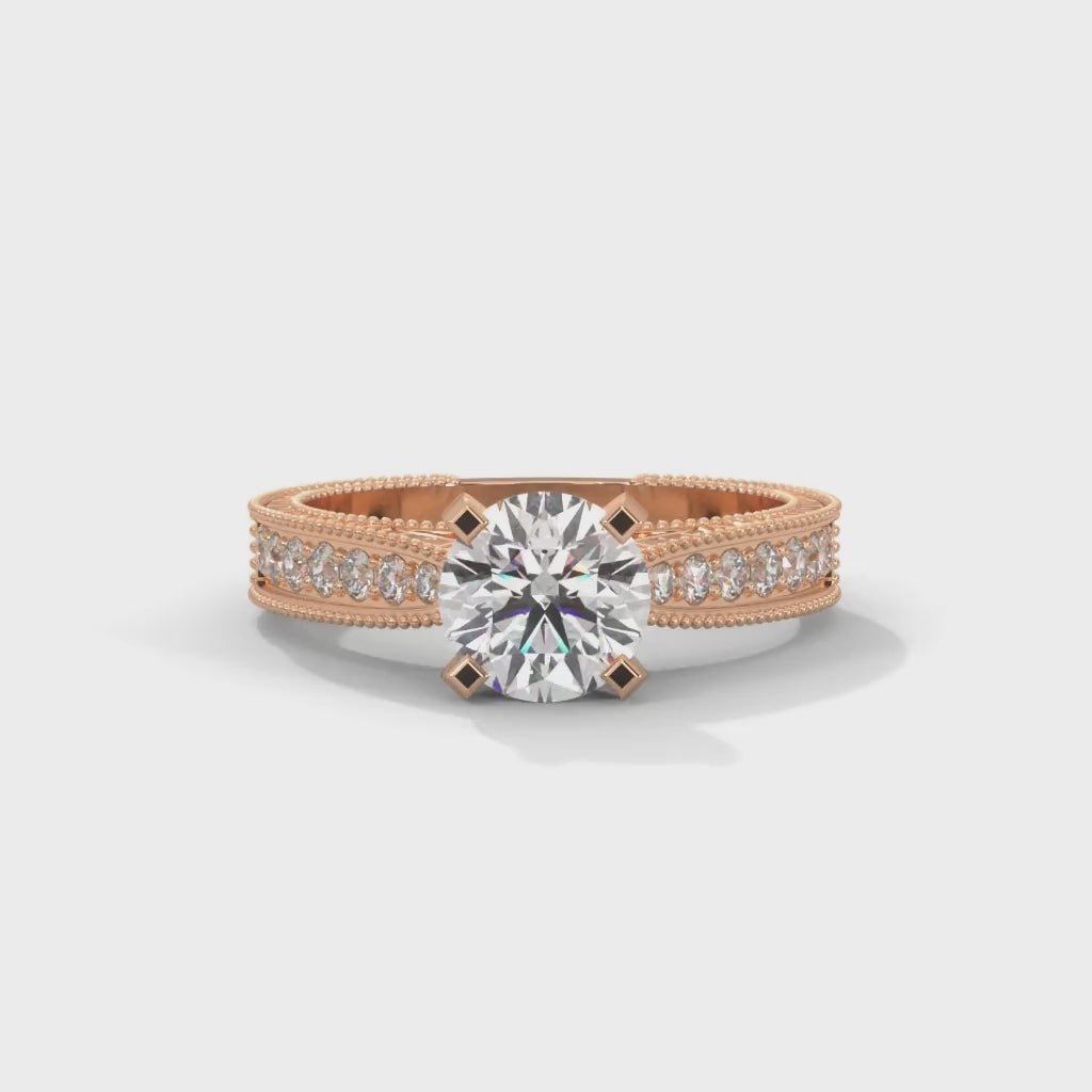 Round Brilliant Cut Lab-Grown Diamond Milgrain Pavé Engagement Ring in Rose Gold