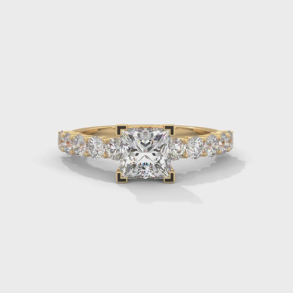 Princess and Round Brilliant Cut Lab-Grown Diamond Engagement Ring in Yellow Gold