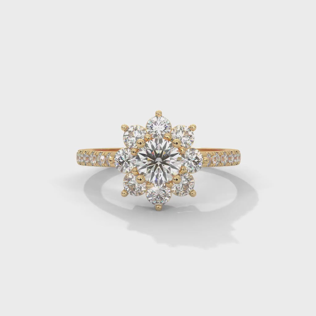 Round Brilliant Cut Lab-Grown Diamond Floral Halo Engagement Ring in Yellow Gold