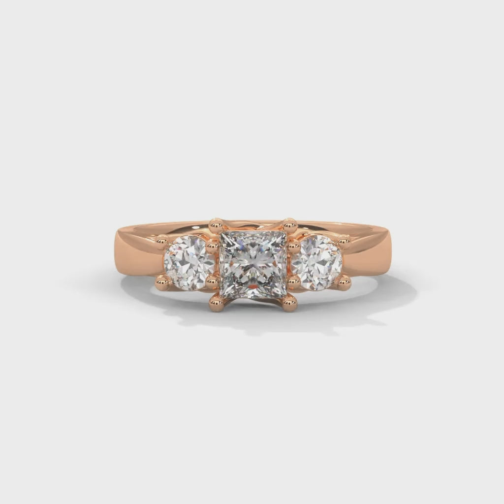 Princess and Round Brilliant Cut Lab-Grown Diamond Three-Stone Engagement Ring in Rose Gold