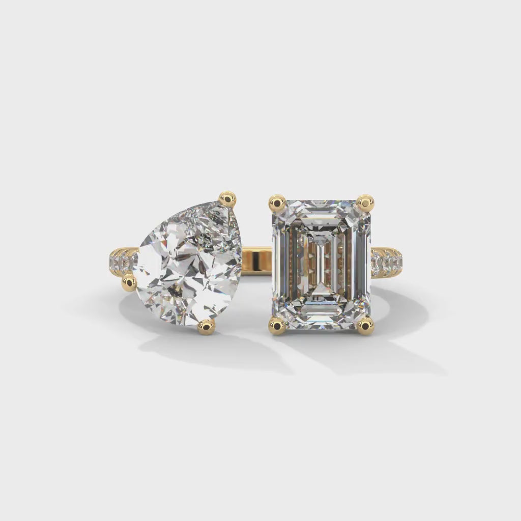 Pear and Emerald Cut Lab-Grown Diamond Toi et Moi Pavé Engagement Ring in Yellow Gold