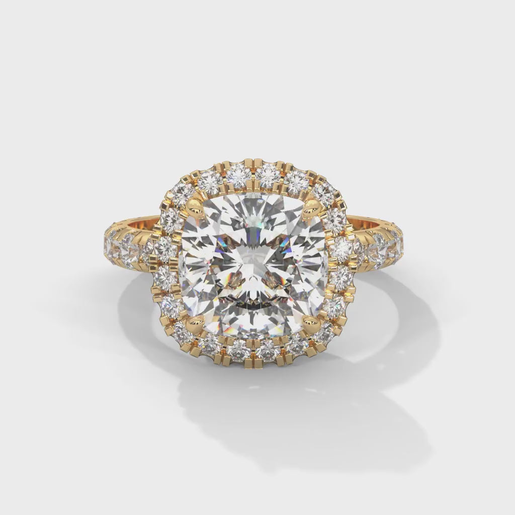 Cushion Cut Lab-Grown Diamond Halo Pavé Engagement Ring in Yellow Gold