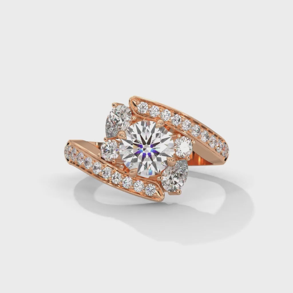 Round Brilliant and Pear Cut Lab-Grown Diamond Split Shank Engagement Ring in Rose Gold