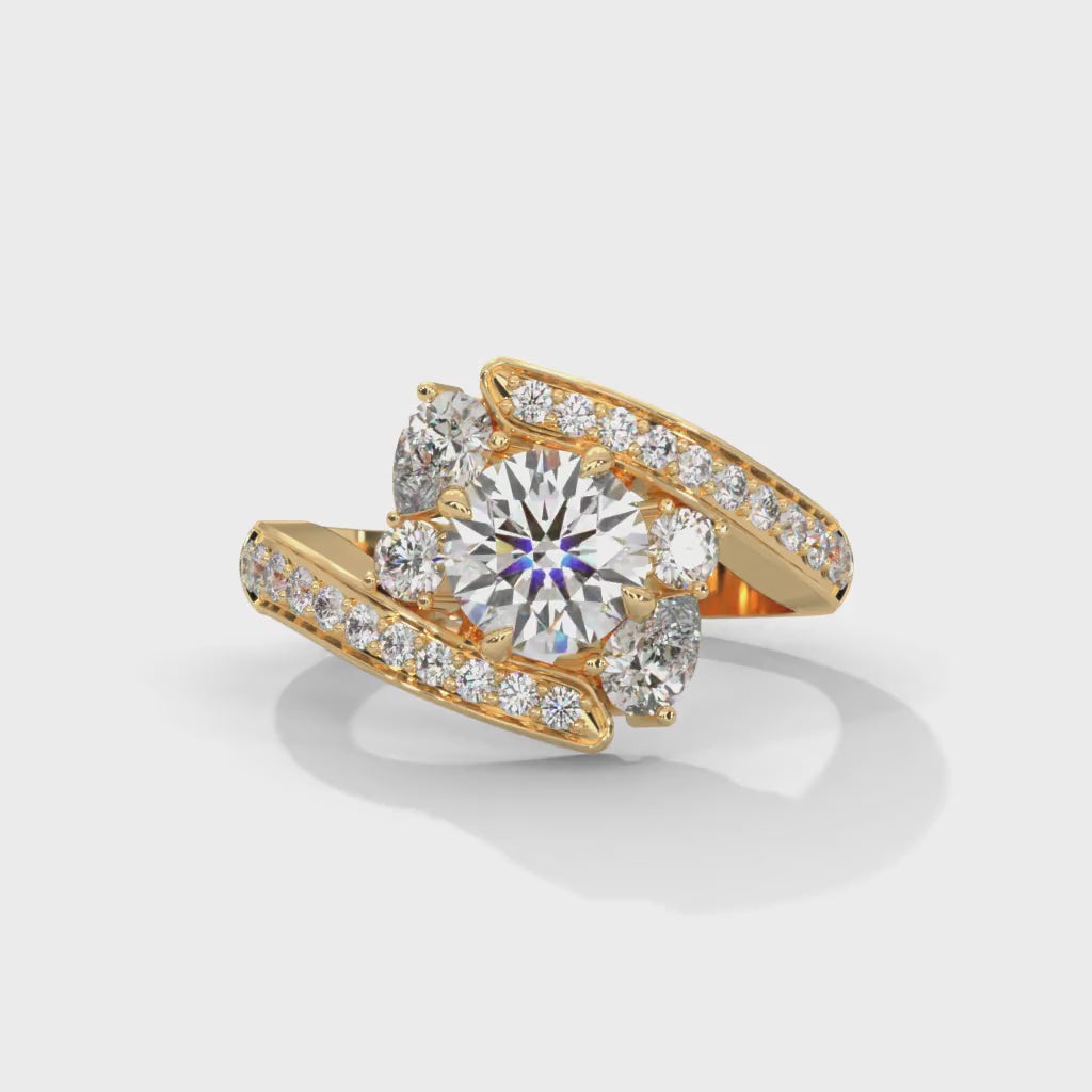 Round Brilliant and Pear Cut Lab-Grown Diamond Split Shank Engagement Ring in Yellow Gold