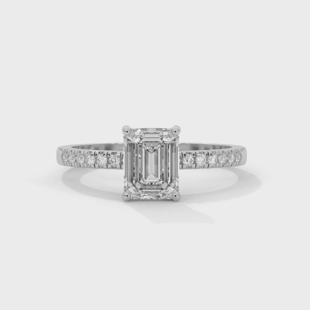 Emerald Cut Lab-Grown Diamond Pavé Engagement Ring in White Gold