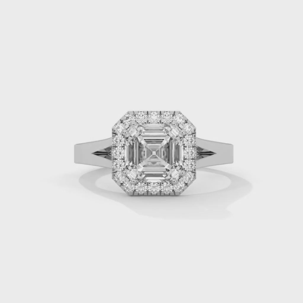 Asscher Cut Lab-Grown Diamond Halo Split Shank Engagement Ring in White Gold