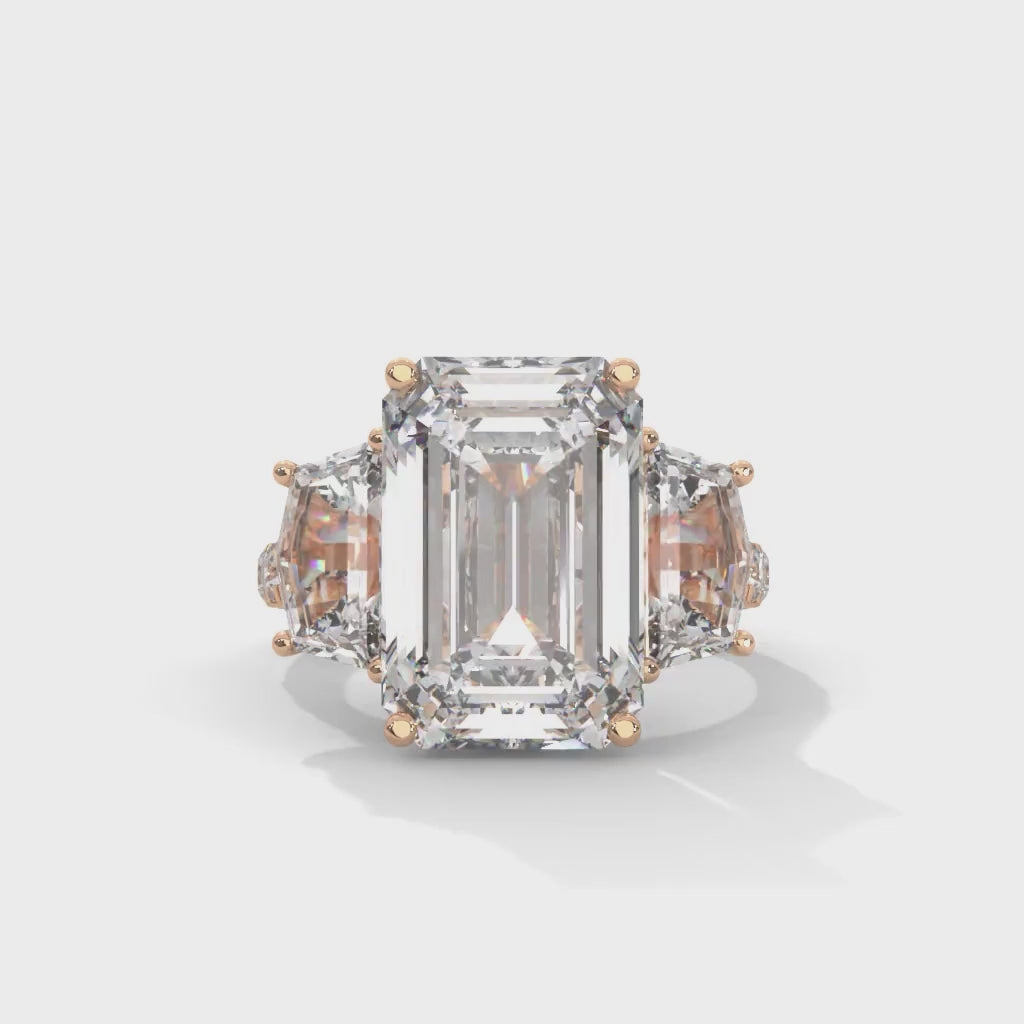 Emerald and Cadillac Cut Lab-Grown Diamond Three-Stone Pavé Engagement Ring in Rose Gold