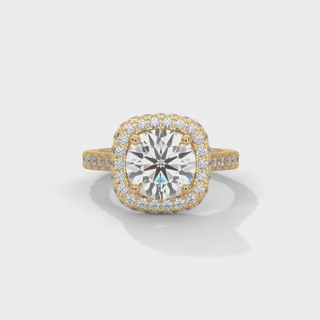 Round Brilliant Cut Lab-Grown Diamond Cushion Halo Engagement Ring in Yellow Gold