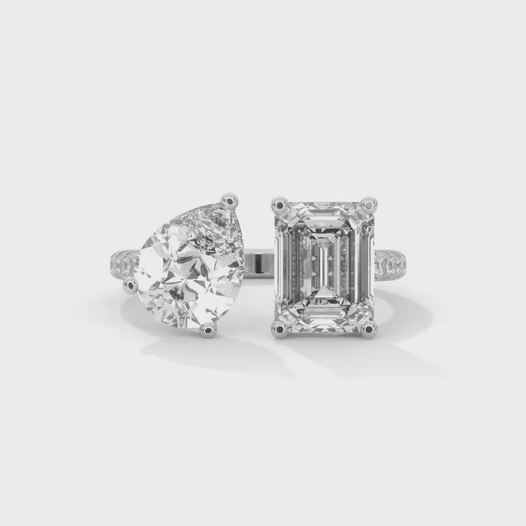 Pear and Emerald Cut Lab-Grown Diamond Toi et Moi Pavé Engagement Ring in White Gold