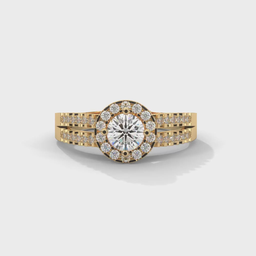 Round Brilliant Cut Lab-Grown Diamond Halo Split Shank Engagement Ring in Yellow Gold