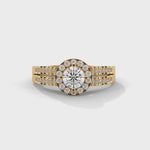 Round Brilliant Cut Lab-Grown Diamond Halo Split Shank Engagement Ring in Yellow Gold
